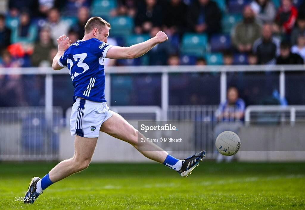19 April 2026; Paul Kingston of Laois scores his side's first goal during the Leinster GAA Football Senior Championship quarter-final match between Kildare and Laois at Cedral St Conleths Park in Newbridge, Kildare. Photo by Piaras Ó Mídheach/Sportsfile