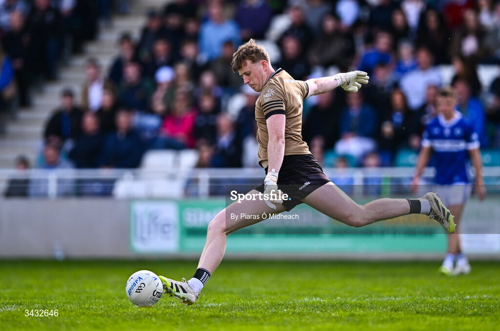 19 April 2026; Kildare goalkeeper Cian Burke takes a kick-out during the Leinster GAA Football Senior Championship quarter-final match between Kildare and Laois at Cedral St Conleths Park in Newbridge, Kildare. Photo by Piaras Ó Mídheach/Sportsfile