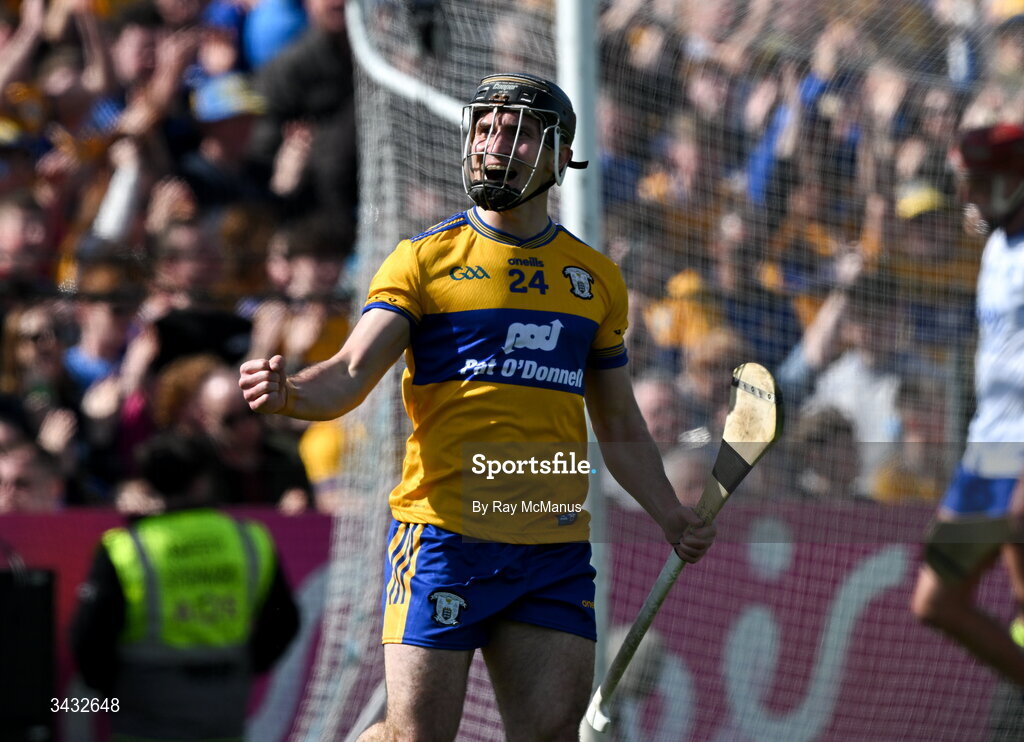 19 April 2026; Ian Galvin of Clare celebrates a late goal during the Munster GAA Senior Hurling Championship Round 1 match between Clare and Waterford at Zimmer Biomet Páirc Chíosóg in Ennis, Clare. Photo by Ray McManus/Sportsfile