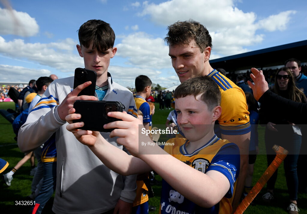 19 April 2026; Shane O'Donnell of Clare poses for selfies after the Munster GAA Senior Hurling Championship Round 1 match between Clare and Waterford at Zimmer Biomet Páirc Chíosóg in Ennis, Clare. Photo by Ray McManus/Sportsfile