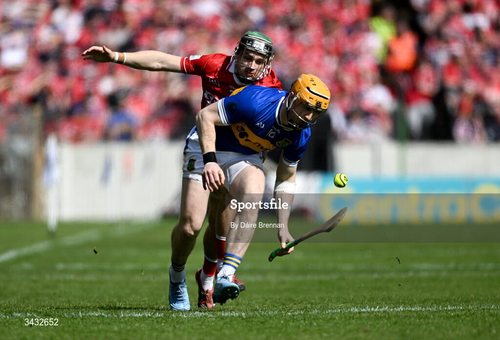 19 April 2026; Jake Morris of Tipperary in action against Mark Coleman of Cork during the Munster GAA Senior Hurling Championship Round 1 match between Tipperary and Cork at FBD Semple Stadium in Thurles, Tipperary. Photo by Daire Brennan/Sportsfile