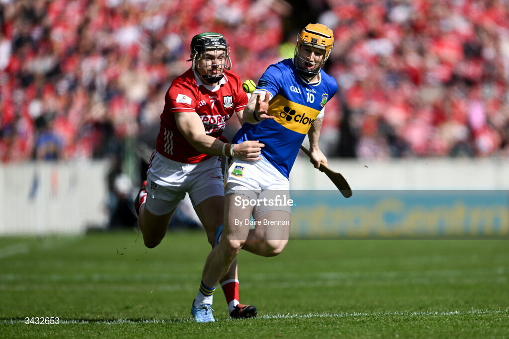19 April 2026; Jake Morris of Tipperary in action against Mark Coleman of Cork during the Munster GAA Senior Hurling Championship Round 1 match between Tipperary and Cork at FBD Semple Stadium in Thurles, Tipperary. Photo by Daire Brennan/Sportsfile