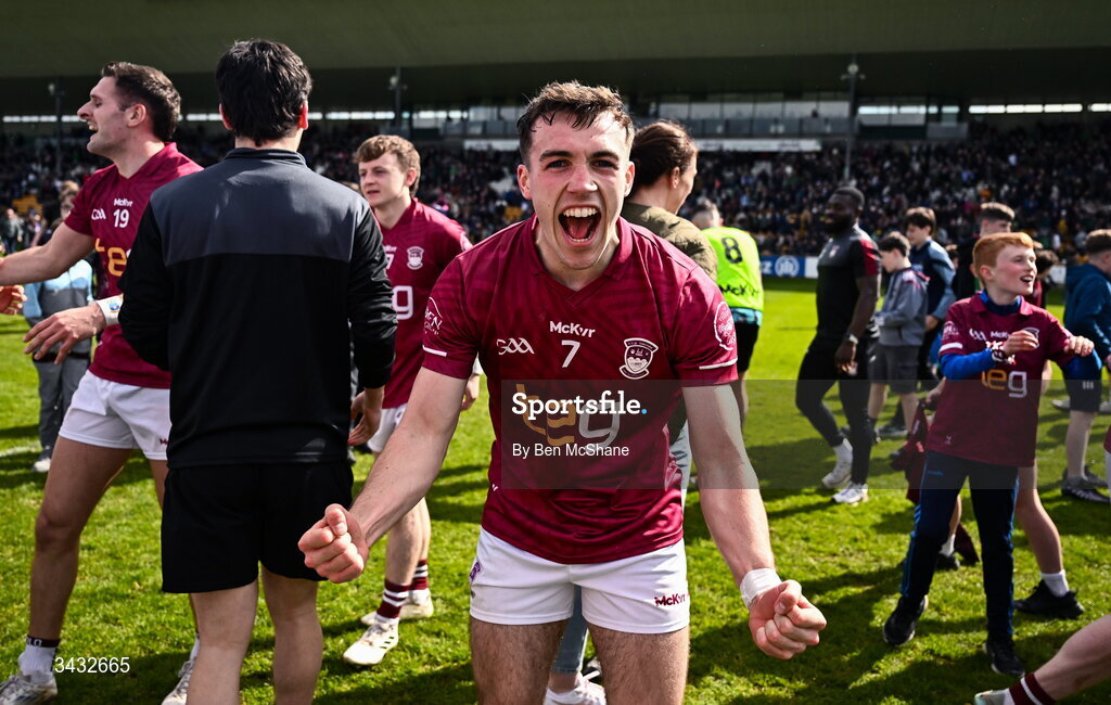 19 April 2026; Matthew Whittaker of Westmeath celebrates after the Leinster GAA Football Senior Championship quarter-final match between Meath and Westmeath at Glenisk O'Connor Park in Tullamore, Offaly. Photo by Ben McShane/Sportsfile