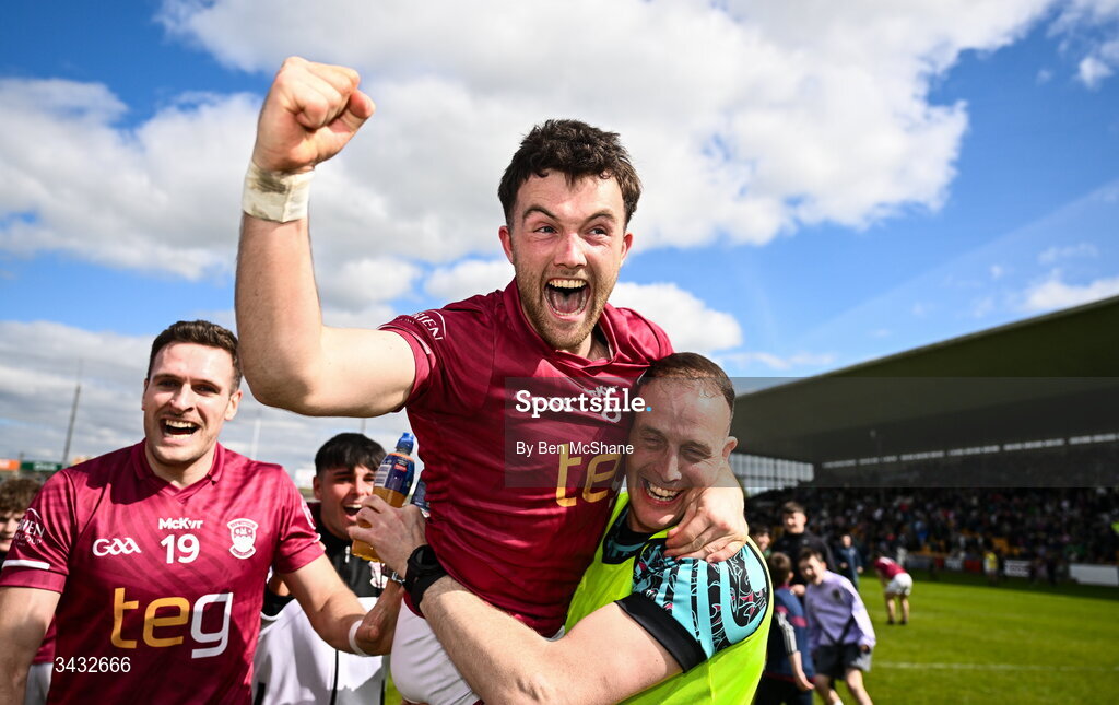 19 April 2026; Brían Cooney of Westmeath celebrates after the Leinster GAA Football Senior Championship quarter-final match between Meath and Westmeath at Glenisk O'Connor Park in Tullamore, Offaly. Photo by Ben McShane/Sportsfile