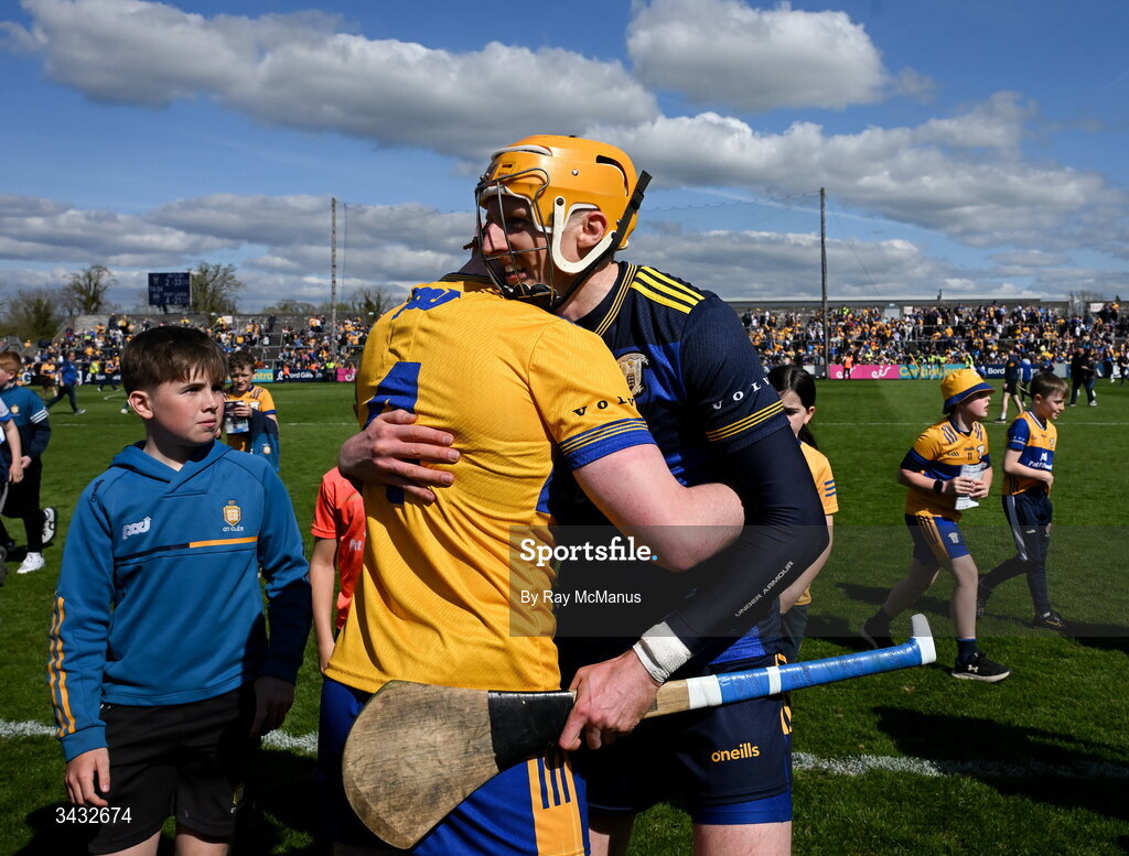 19 April 2026; Clare goalkeeper Éibhear Quilligan and Adam Hogan celebrate after the Munster GAA Senior Hurling Championship Round 1 match between Clare and Waterford at Zimmer Biomet Páirc Chíosóg in Ennis, Clare. Photo by Ray McManus/Sportsfile