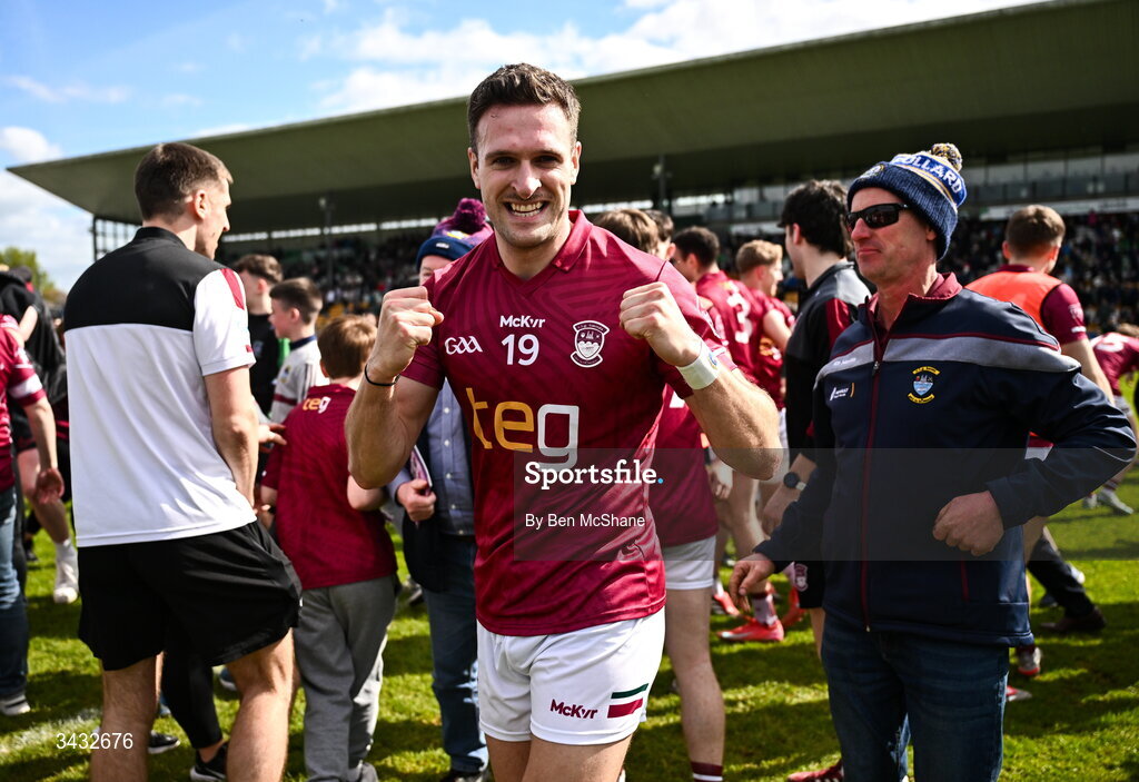 19 April 2026; Robbie Forde of Westmeath celebrates after the Leinster GAA Football Senior Championship quarter-final match between Meath and Westmeath at Glenisk O'Connor Park in Tullamore, Offaly. Photo by Ben McShane/Sportsfile