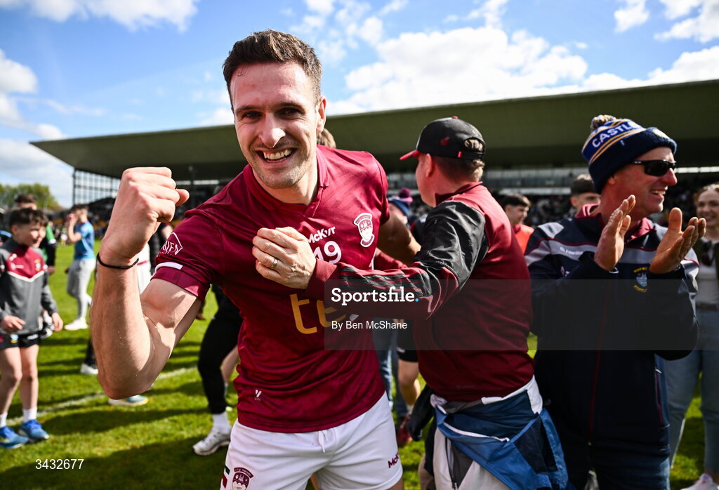19 April 2026; Robbie Forde of Westmeath celebrates after the Leinster GAA Football Senior Championship quarter-final match between Meath and Westmeath at Glenisk O'Connor Park in Tullamore, Offaly. Photo by Ben McShane/Sportsfile