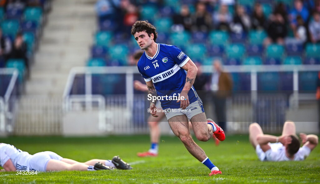 19 April 2026; Daragh Galvin of Laois after scoring his side's second goal during the Leinster GAA Football Senior Championship quarter-final match between Kildare and Laois at Cedral St Conleths Park in Newbridge, Kildare. Photo by Piaras Ó Mídheach/Sportsfile