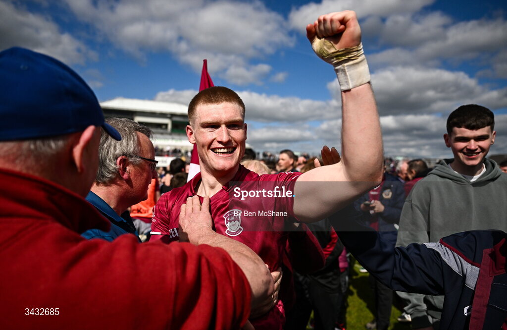 19 April 2026; Shane Allen of Westmeath celebrates after the Leinster GAA Football Senior Championship quarter-final match between Meath and Westmeath at Glenisk O'Connor Park in Tullamore, Offaly. Photo by Ben McShane/Sportsfile
