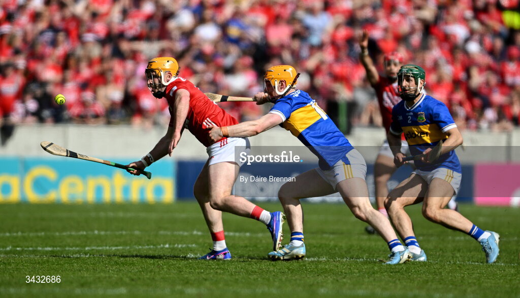 19 April 2026; Niall O'Leary of Cork in action against Andrew Ormond of Tipperary during the Munster GAA Senior Hurling Championship Round 1 match between Tipperary and Cork at FBD Semple Stadium in Thurles, Tipperary. Photo by Daire Brennan/Sportsfile