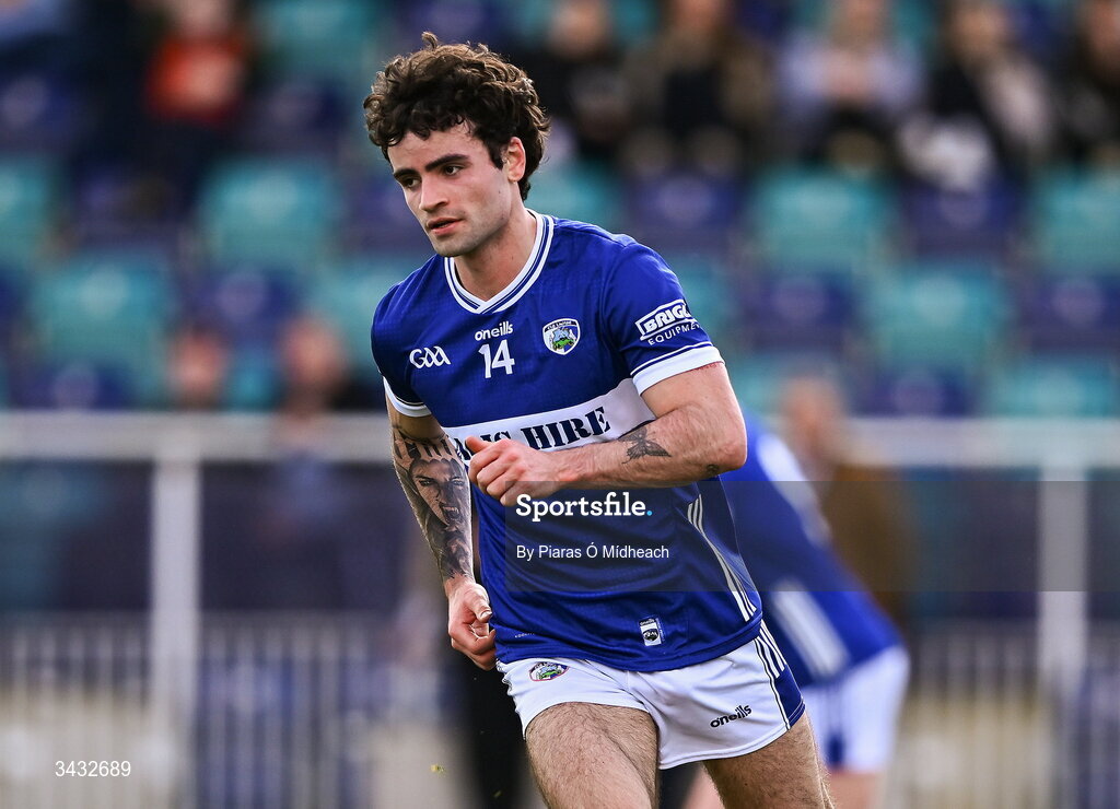 19 April 2026; Daragh Galvin of Laois after scoring his side's second goal during the Leinster GAA Football Senior Championship quarter-final match between Kildare and Laois at Cedral St Conleths Park in Newbridge, Kildare. Photo by Piaras Ó Mídheach/Sportsfile