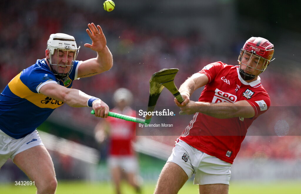 19 April 2026; Eoghan Connolly of Tipperary breaks his hurley as he attempts to block a shot by William Buckley of Cork during the Munster GAA Senior Hurling Championship Round 1 match between Tipperary and Cork at FBD Semple Stadium in Thurles, Tipperary. Photo by Brendan Moran/Sportsfile