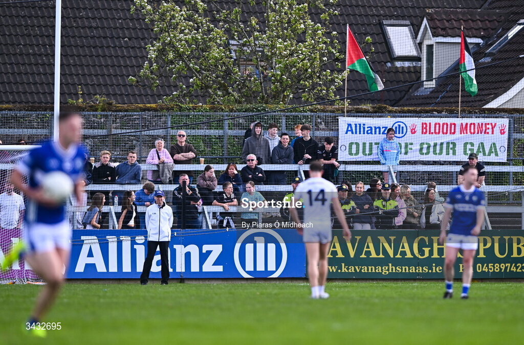 19 April 2026; An anti Allianz protest during the Leinster GAA Football Senior Championship quarter-final match between Kildare and Laois at Cedral St Conleths Park in Newbridge, Kildare. Photo by Piaras Ó Mídheach/Sportsfile