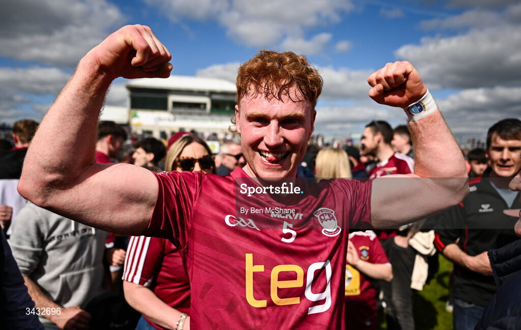 19 April 2026; Ronan Wallace of Westmeath celebrates after the Leinster GAA Football Senior Championship quarter-final match between Meath and Westmeath at Glenisk O'Connor Park in Tullamore, Offaly. Photo by Ben McShane/Sportsfile