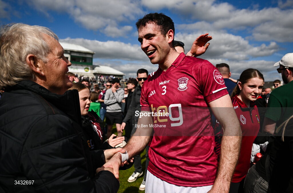 19 April 2026; Charlie Drumm of Westmeath celebrates after the Leinster GAA Football Senior Championship quarter-final match between Meath and Westmeath at Glenisk O'Connor Park in Tullamore, Offaly. Photo by Ben McShane/Sportsfile