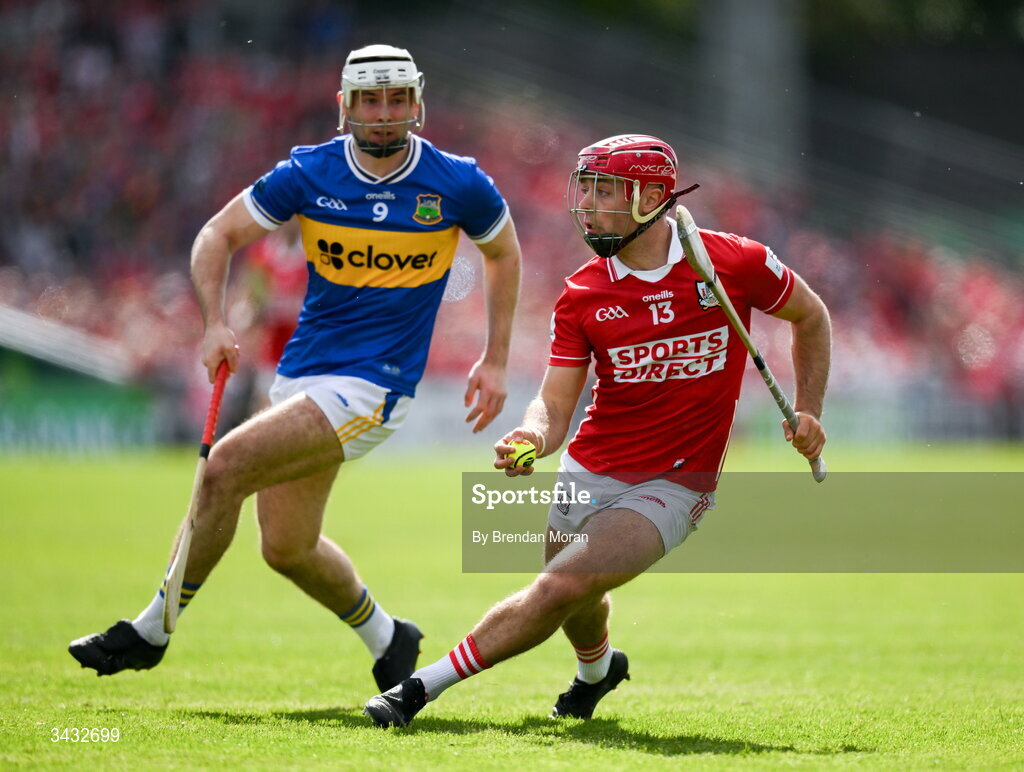 19 April 2026; William Buckley of Cork in action against Craig Morgan of Tipperary during the Munster GAA Senior Hurling Championship Round 1 match between Tipperary and Cork at FBD Semple Stadium in Thurles, Tipperary. Photo by Brendan Moran/Sportsfile