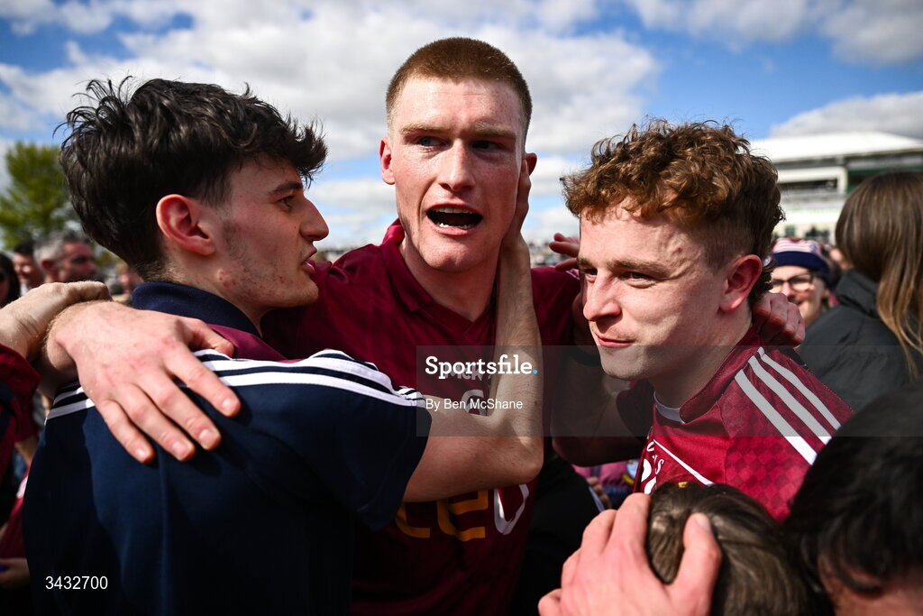 19 April 2026; Shane Allen of Westmeath, centre, celebrates with supporters after the Leinster GAA Football Senior Championship quarter-final match between Meath and Westmeath at Glenisk O'Connor Park in Tullamore, Offaly. Photo by Ben McShane/Sportsfile