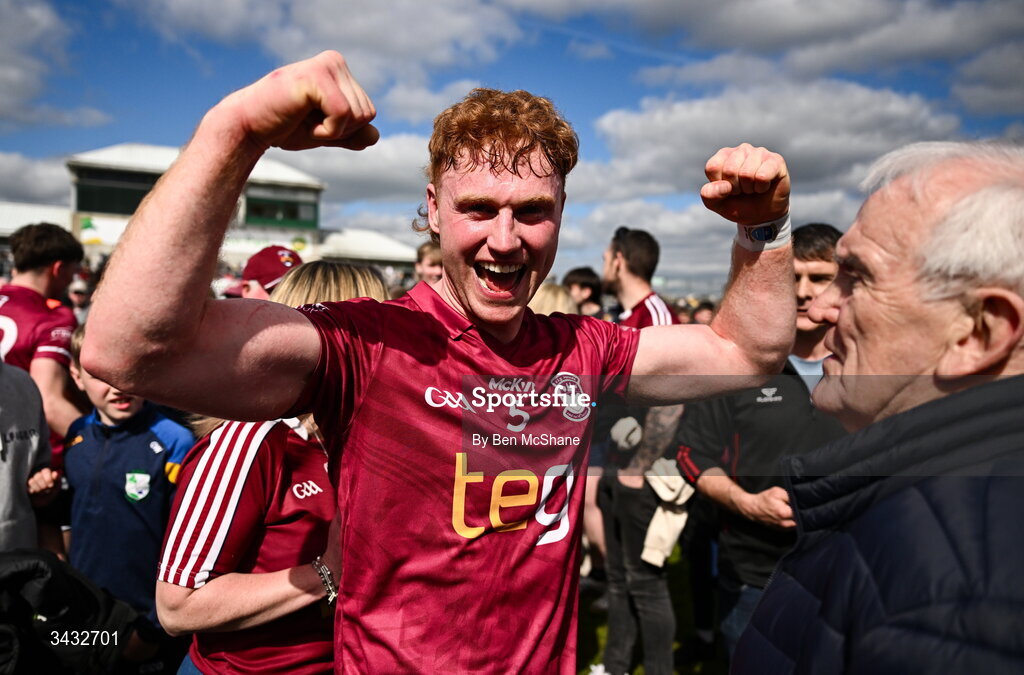 19 April 2026; Ronan Wallace of Westmeath celebrates after the Leinster GAA Football Senior Championship quarter-final match between Meath and Westmeath at Glenisk O'Connor Park in Tullamore, Offaly. Photo by Ben McShane/Sportsfile