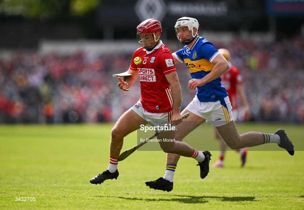 19 April 2026; William Buckley of Cork is tackled by Craig Morgan of Tipperary during the Munster GAA Senior Hurling Championship Round 1 match between Tipperary and Cork at FBD Semple Stadium in Thurles, Tipperary. Photo by Brendan Moran/Sportsfile