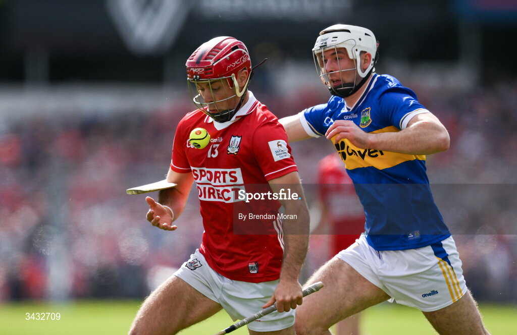 19 April 2026; William Buckley of Cork is tackled by Craig Morgan of Tipperary during the Munster GAA Senior Hurling Championship Round 1 match between Tipperary and Cork at FBD Semple Stadium in Thurles, Tipperary. Photo by Brendan Moran/Sportsfile