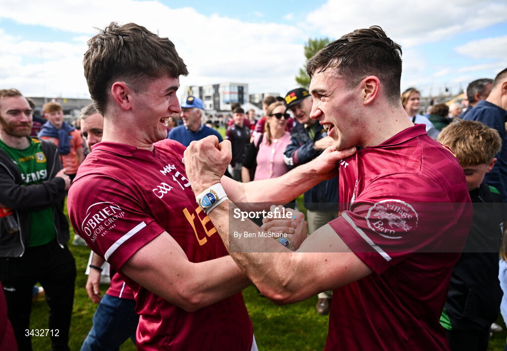 19 April 2026; Shane Corcoran, left, and Matthew Whittaker of Westmeath celebrate after the Leinster GAA Football Senior Championship quarter-final match between Meath and Westmeath at Glenisk O'Connor Park in Tullamore, Offaly. Photo by Ben McShane/Sportsfile