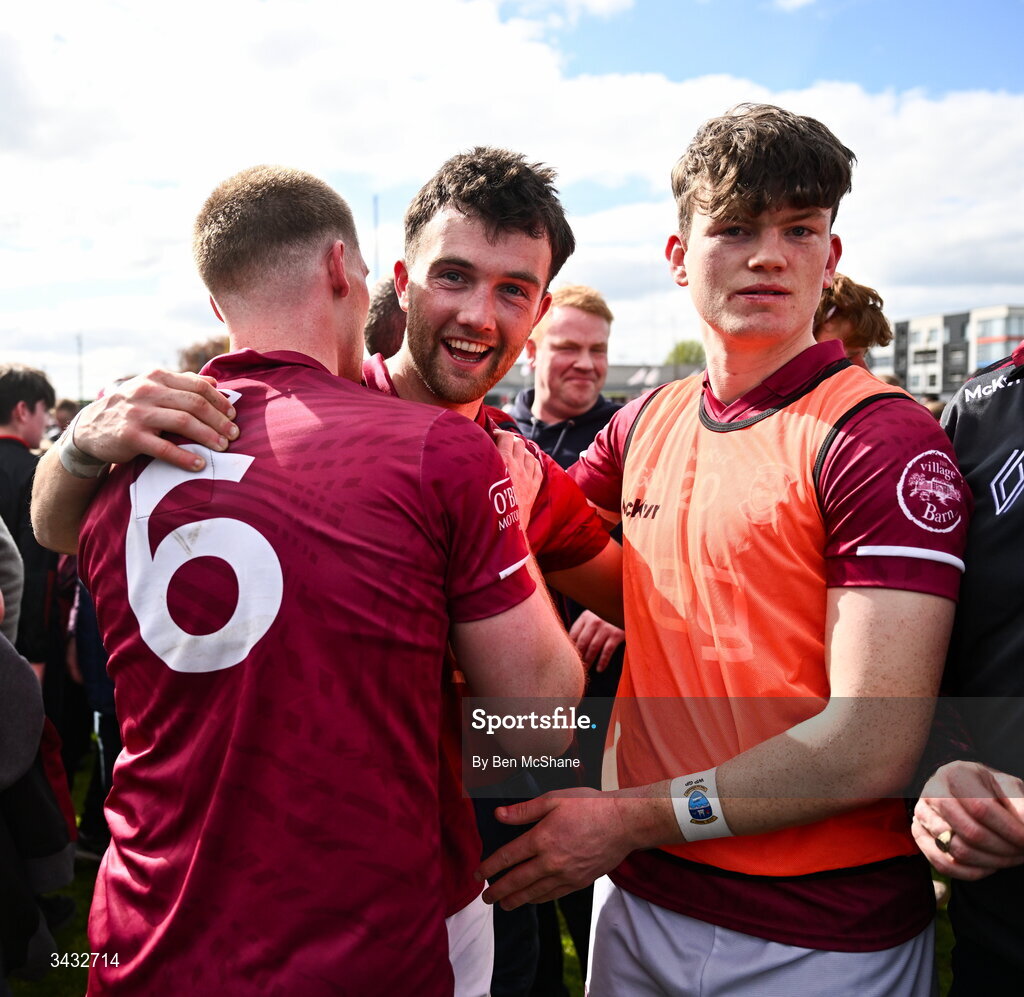 19 April 2026; Westmeath players, from left, Shane Allen, Brían Cooney and Senan Baker celebrate after the Leinster GAA Football Senior Championship quarter-final match between Meath and Westmeath at Glenisk O'Connor Park in Tullamore, Offaly. Photo by Ben McShane/Sportsfile