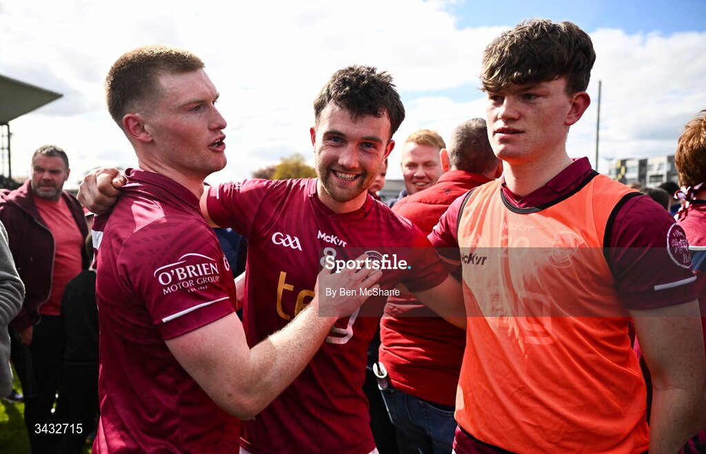 19 April 2026; Westmeath players, from left, Shane Allen, Brían Cooney and Senan Baker celebrate after the Leinster GAA Football Senior Championship quarter-final match between Meath and Westmeath at Glenisk O'Connor Park in Tullamore, Offaly. Photo by Ben McShane/Sportsfile