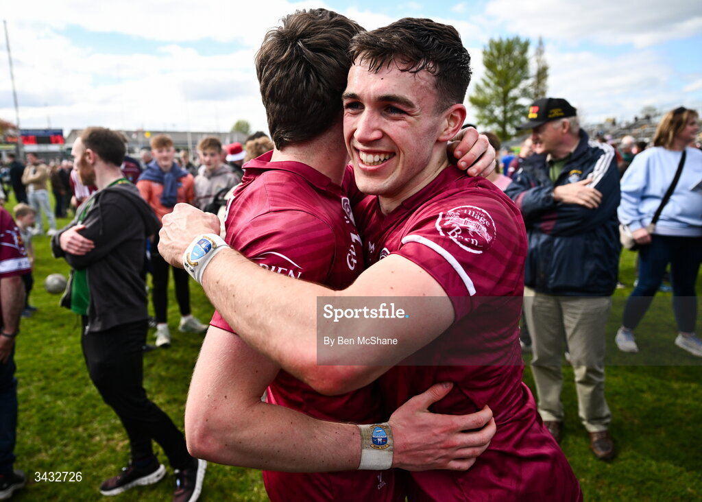 19 April 2026; Shane Corcoran, left, and Matthew Whittaker of Westmeath celebrate after the Leinster GAA Football Senior Championship quarter-final match between Meath and Westmeath at Glenisk O'Connor Park in Tullamore, Offaly. Photo by Ben McShane/Sportsfile