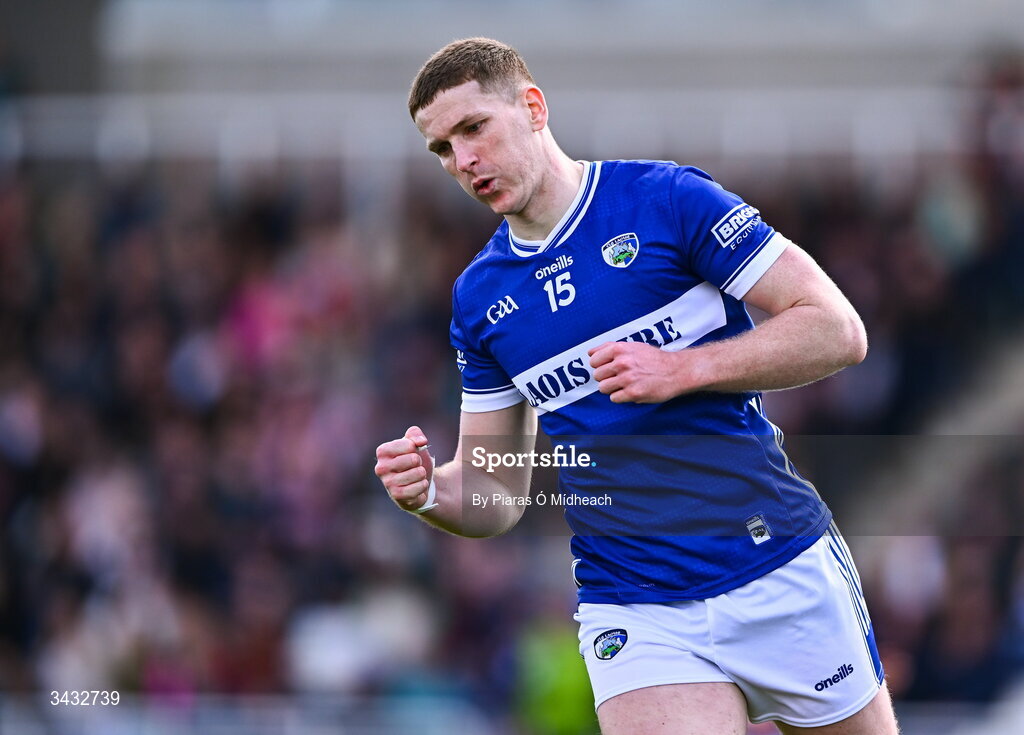 19 April 2026; Evan O'Carroll of Laois celebrates after scoring a point during the Leinster GAA Football Senior Championship quarter-final match between Kildare and Laois at Cedral St Conleths Park in Newbridge, Kildare. Photo by Piaras Ó Mídheach/Sportsfile