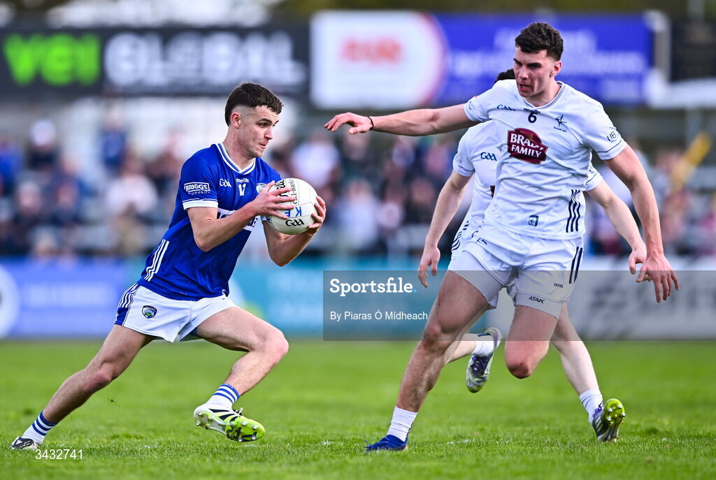 19 April 2026; Ronan Coffey of Laois in action against Eoin Lawlor of Kildare, 6, during the Leinster GAA Football Senior Championship quarter-final match between Kildare and Laois at Cedral St Conleths Park in Newbridge, Kildare. Photo by Piaras Ó Mídheach/Sportsfile