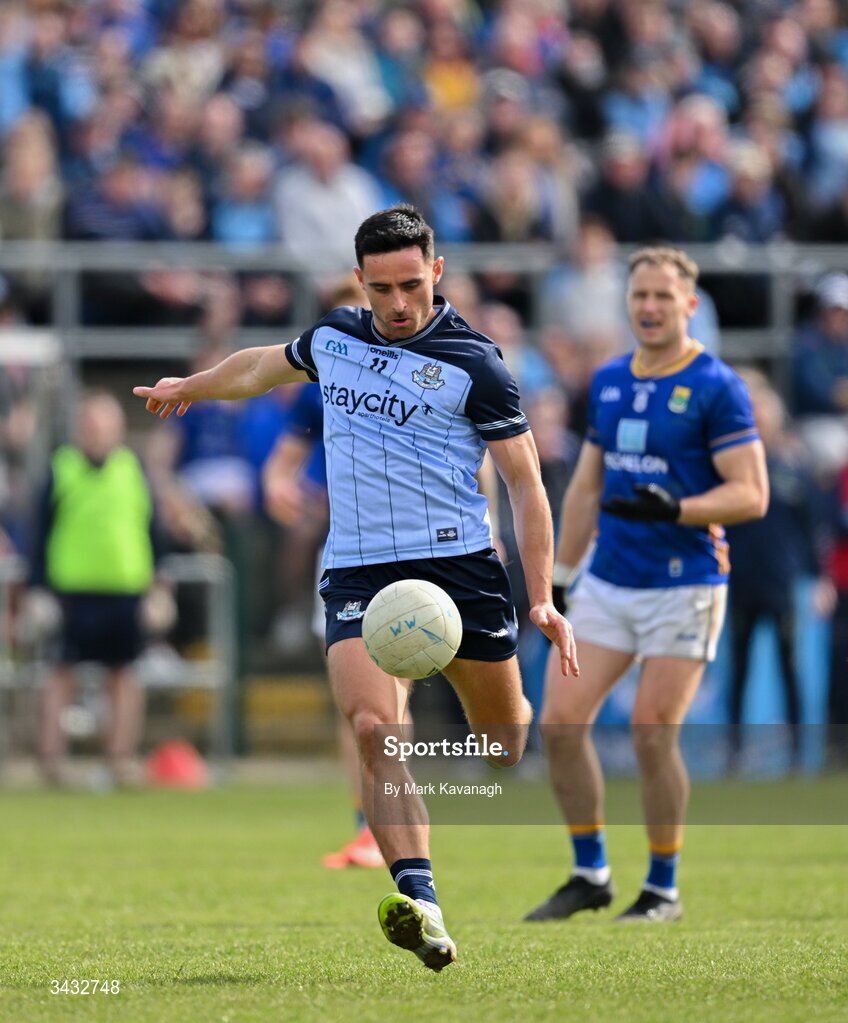 19 April 2026; Niall Scully of Dublin has a shot on goal during the Leinster GAA Football Senior Championship quarter-final match between Wicklow and Dublin at Echelon Park in Aughrim in Wicklow. Photo by Mark Kavanagh/Sportsfile