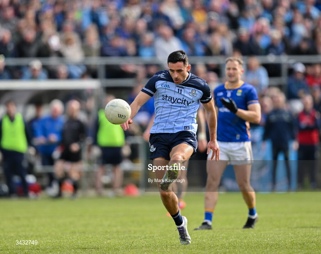 19 April 2026; Niall Scully of Dublin has a shot on goal during the Leinster GAA Football Senior Championship quarter-final match between Wicklow and Dublin at Echelon Park in Aughrim in Wicklow. Photo by Mark Kavanagh/Sportsfile