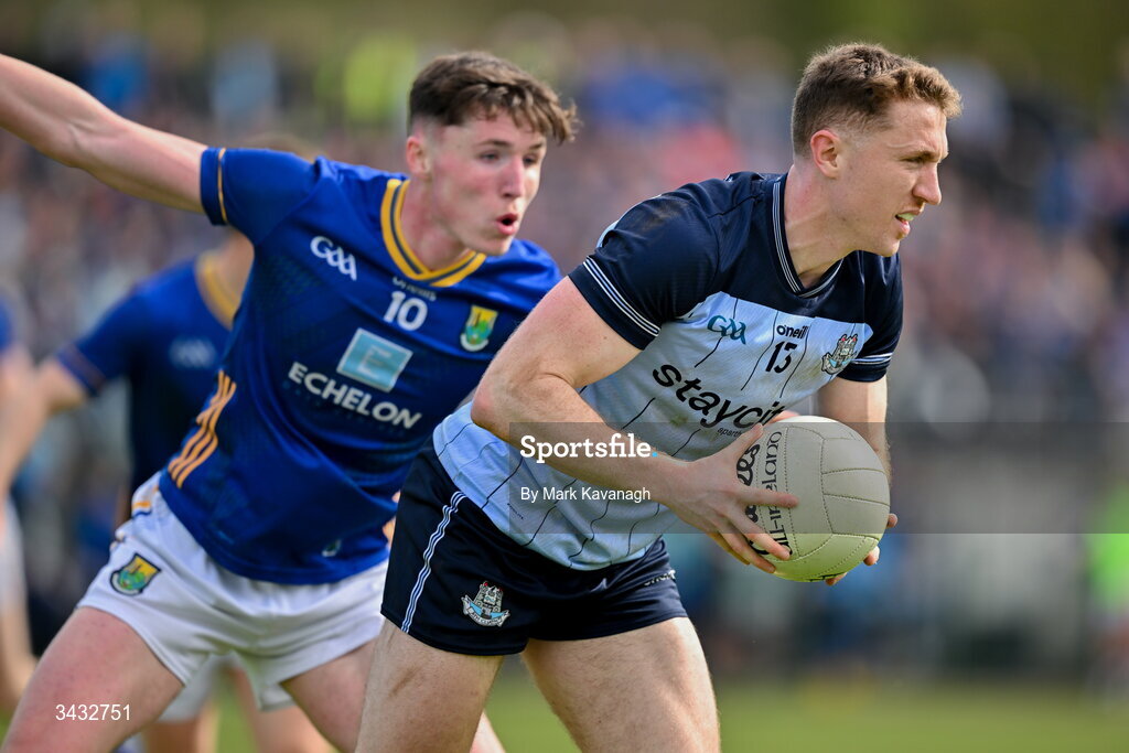 19 April 2026; Paddy Small of Dublin in action against Jack Hardy of Wicklow during the Leinster GAA Football Senior Championship quarter-final match between Wicklow and Dublin at Echelon Park in Aughrim in Wicklow. Photo by Mark Kavanagh/Sportsfile