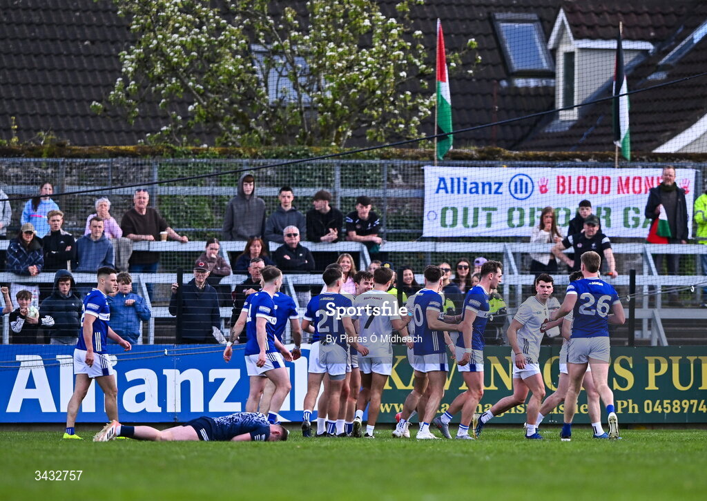 19 April 2026; Players tussle as Laois goalkeeper Killian Roche lies on the pitch after the first half hooter during the Leinster GAA Football Senior Championship quarter-final match between Kildare and Laois at Cedral St Conleths Park in Newbridge, Kildare. Photo by Piaras Ó Mídheach/Sportsfile