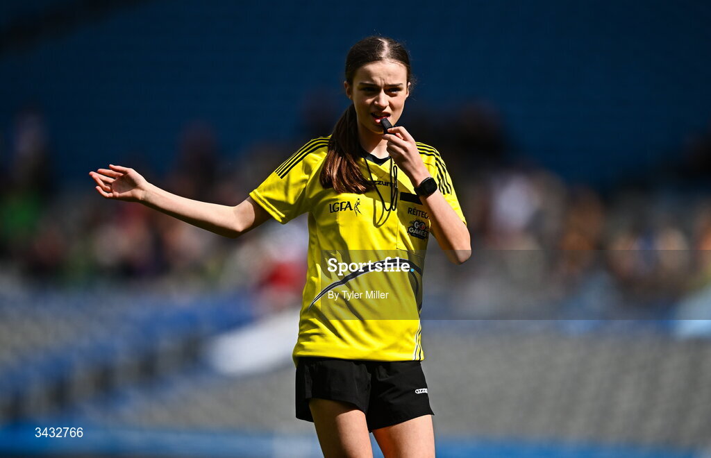 19 April 2026; A referee during the 2026 LGFA Under 10 Go Games Festival Day at Croke Park in Dublin. Photo by Tyler Miller/Sportsfile