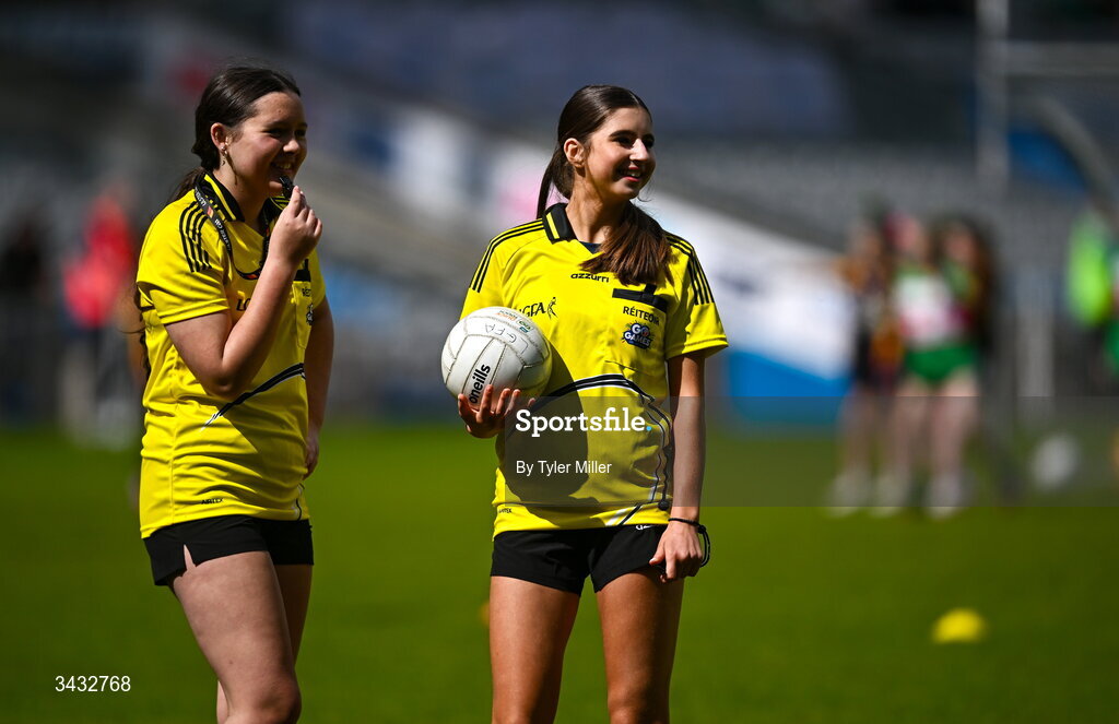 19 April 2026; Referees during the 2026 LGFA Under 10 Go Games Festival Day at Croke Park in Dublin. Photo by Tyler Miller/Sportsfile