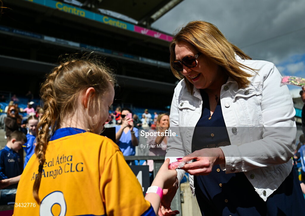 19 April 2026; LGFA President Trina Murray with Silverbridge Harps, Armagh, players during the 2026 LGFA Under 10 Go Games Festival Day at Croke Park in Dublin. Photo by Tyler Miller/Sportsfile