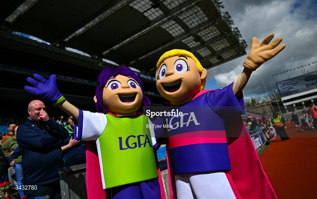 19 April 2026; Mascots during the 2026 LGFA Under 10 Go Games Festival Day at Croke Park in Dublin. Photo by Tyler Miller/Sportsfile