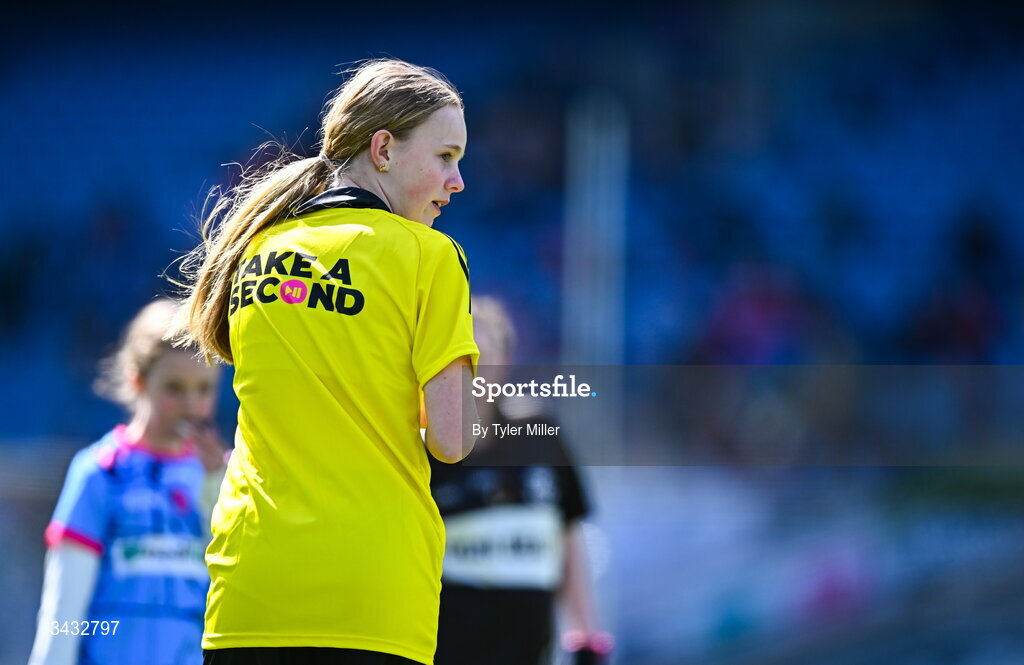 19 April 2026; A referee during the 2026 LGFA Under 10 Go Games Festival Day at Croke Park in Dublin. Photo by Tyler Miller/Sportsfile