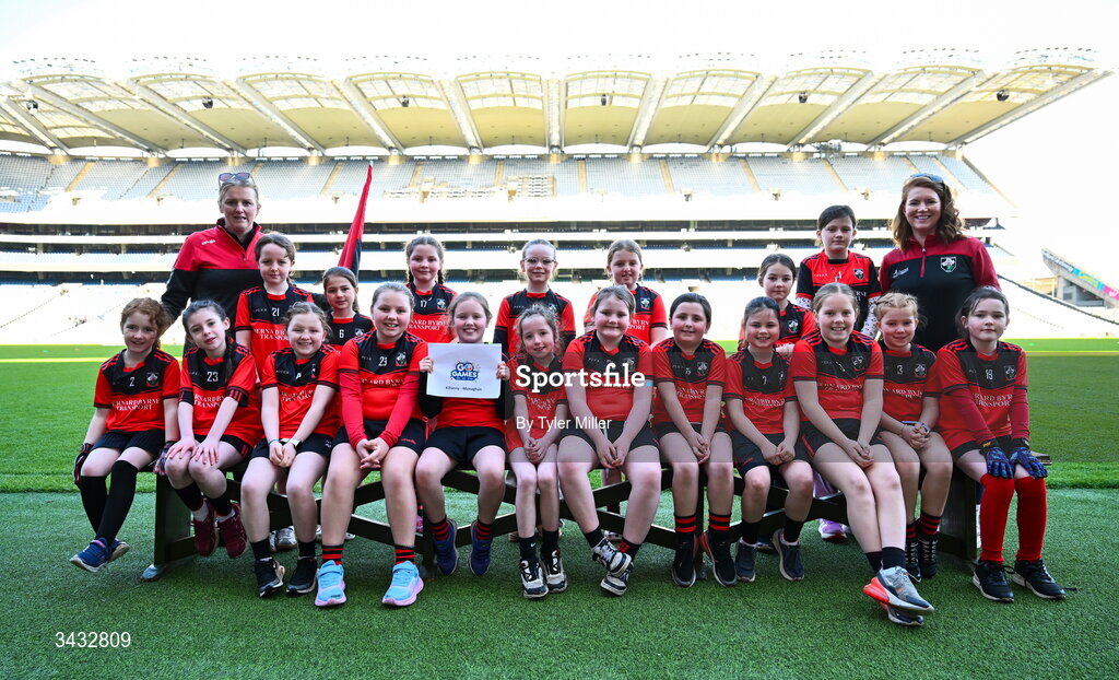 19 April 2026; The Killanny, Monaghan, team during the 2026 LGFA Under 10 Go Games Festival Day at Croke Park in Dublin. Photo by Tyler Miller/Sportsfile