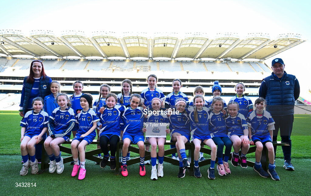 19 April 2026; The St Patrick's, Wicklow, team during the 2026 LGFA Under 10 Go Games Festival Day at Croke Park in Dublin. Photo by Tyler Miller/Sportsfile