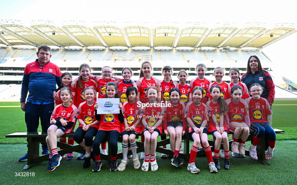 19 April 2026; The Caulry, Westmeath, team during the 2026 LGFA Under 10 Go Games Festival Day at Croke Park in Dublin. Photo by Tyler Miller/Sportsfile