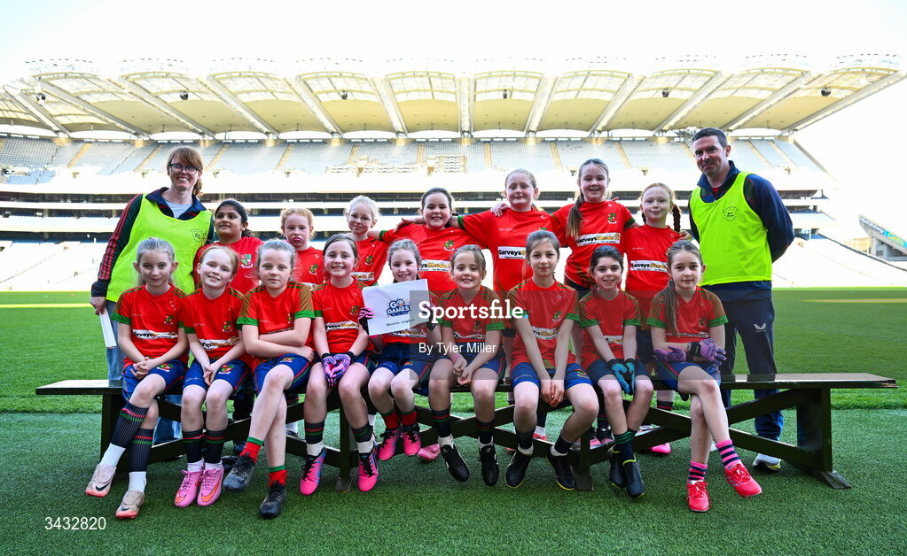 19 April 2026; The Mostrim, Longford, team during the 2026 LGFA Under 10 Go Games Festival Day at Croke Park in Dublin. Photo by Tyler Miller/Sportsfile