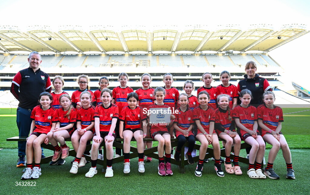 19 April 2026; The Shanahoe, Laois, team during the 2026 LGFA Under 10 Go Games Festival Day at Croke Park in Dublin. Photo by Tyler Miller/Sportsfile