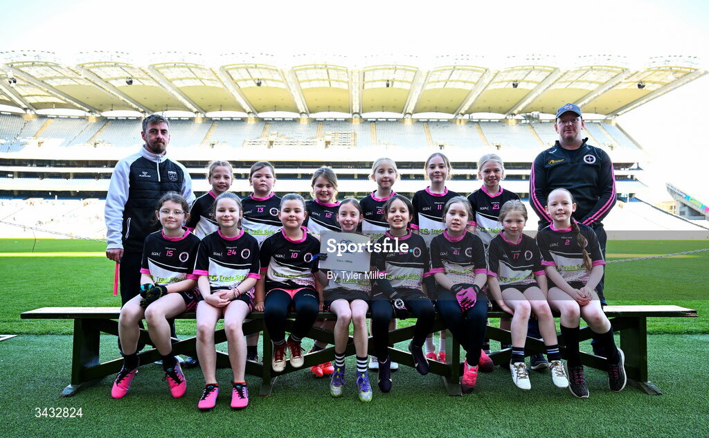19 April 2026; The Clara, Offaly, team during the 2026 LGFA Under 10 Go Games Festival Day at Croke Park in Dublin. Photo by Tyler Miller/Sportsfile