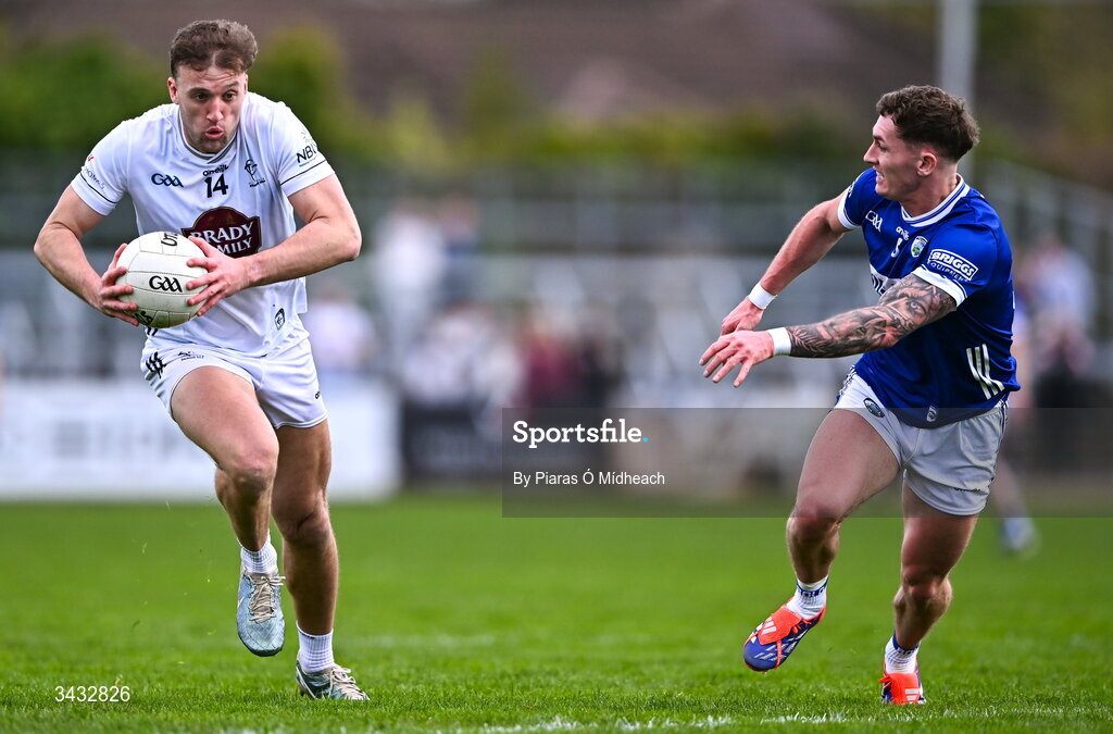 19 April 2026; Darragh Kirwan of Kildare in action against Pa Kirwan of Laois during the Leinster GAA Football Senior Championship quarter-final match between Kildare and Laois at Cedral St Conleths Park in Newbridge, Kildare. Photo by Piaras Ó Mídheach/Sportsfile
