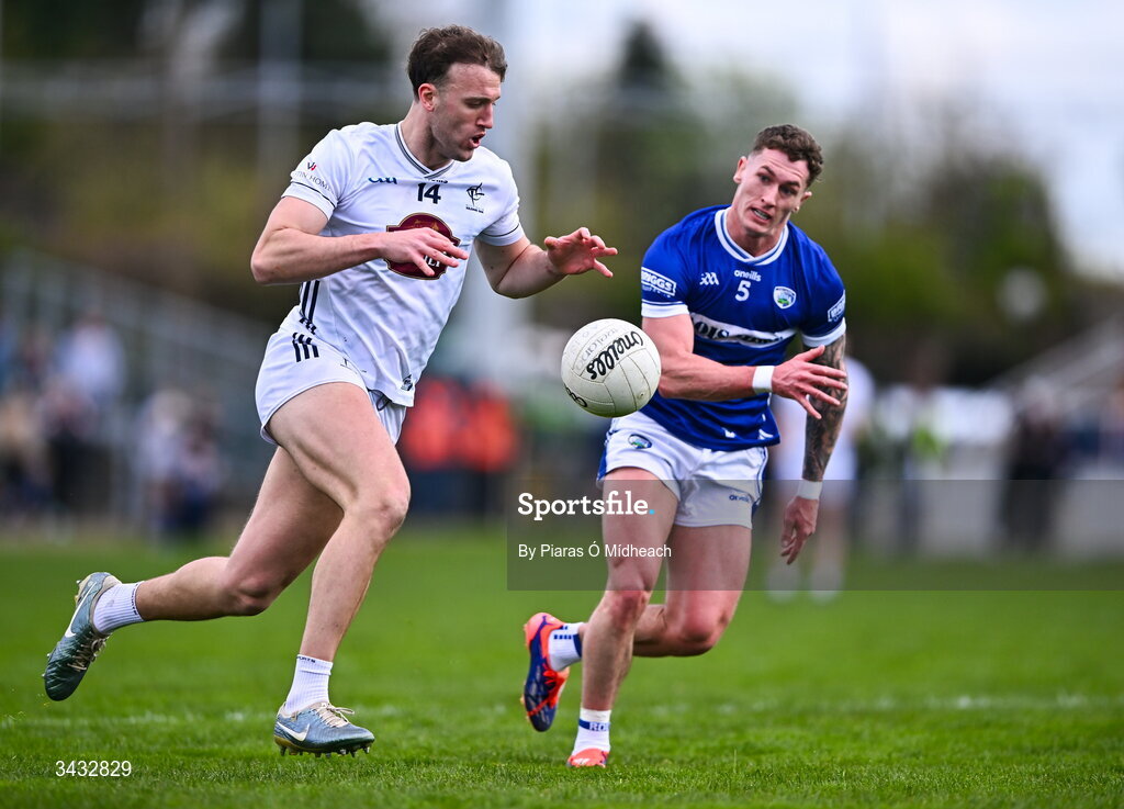 19 April 2026; Darragh Kirwan of Kildare in action against Pa Kirwan of Laois during the Leinster GAA Football Senior Championship quarter-final match between Kildare and Laois at Cedral St Conleths Park in Newbridge, Kildare. Photo by Piaras Ó Mídheach/Sportsfile