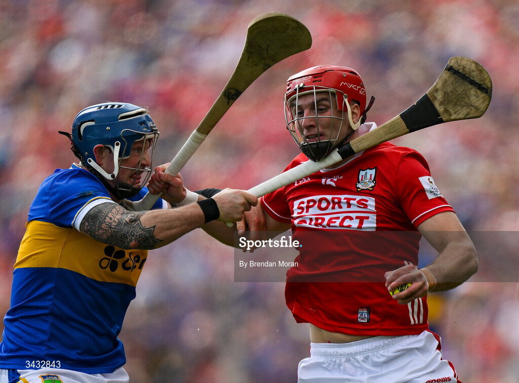 19 April 2026; Brian Hayes of Cork is tackled by Willie Connors of Tipperary during the Munster GAA Senior Hurling Championship Round 1 match between Tipperary and Cork at FBD Semple Stadium in Thurles, Tipperary. Photo by Brendan Moran/Sportsfile