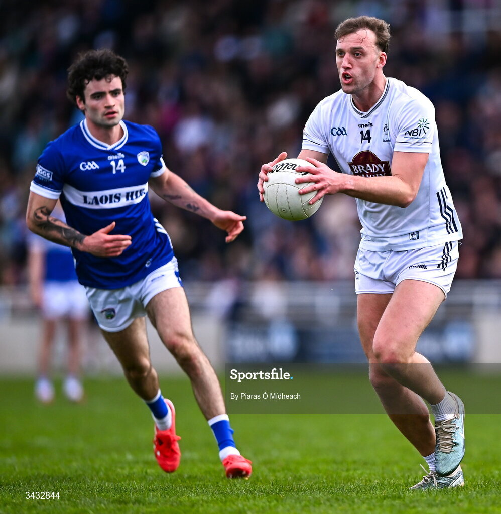 19 April 2026; Darragh Kirwan of Kildare in action against Daragh Galvin of Laois during the Leinster GAA Football Senior Championship quarter-final match between Kildare and Laois at Cedral St Conleths Park in Newbridge, Kildare. Photo by Piaras Ó Mídheach/Sportsfile