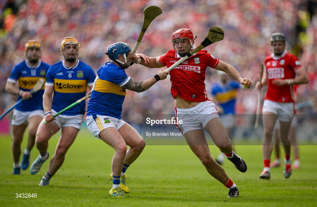 19 April 2026; Brian Hayes of Cork is tackled by Willie Connors of Tipperary during the Munster GAA Senior Hurling Championship Round 1 match between Tipperary and Cork at FBD Semple Stadium in Thurles, Tipperary. Photo by Brendan Moran/Sportsfile